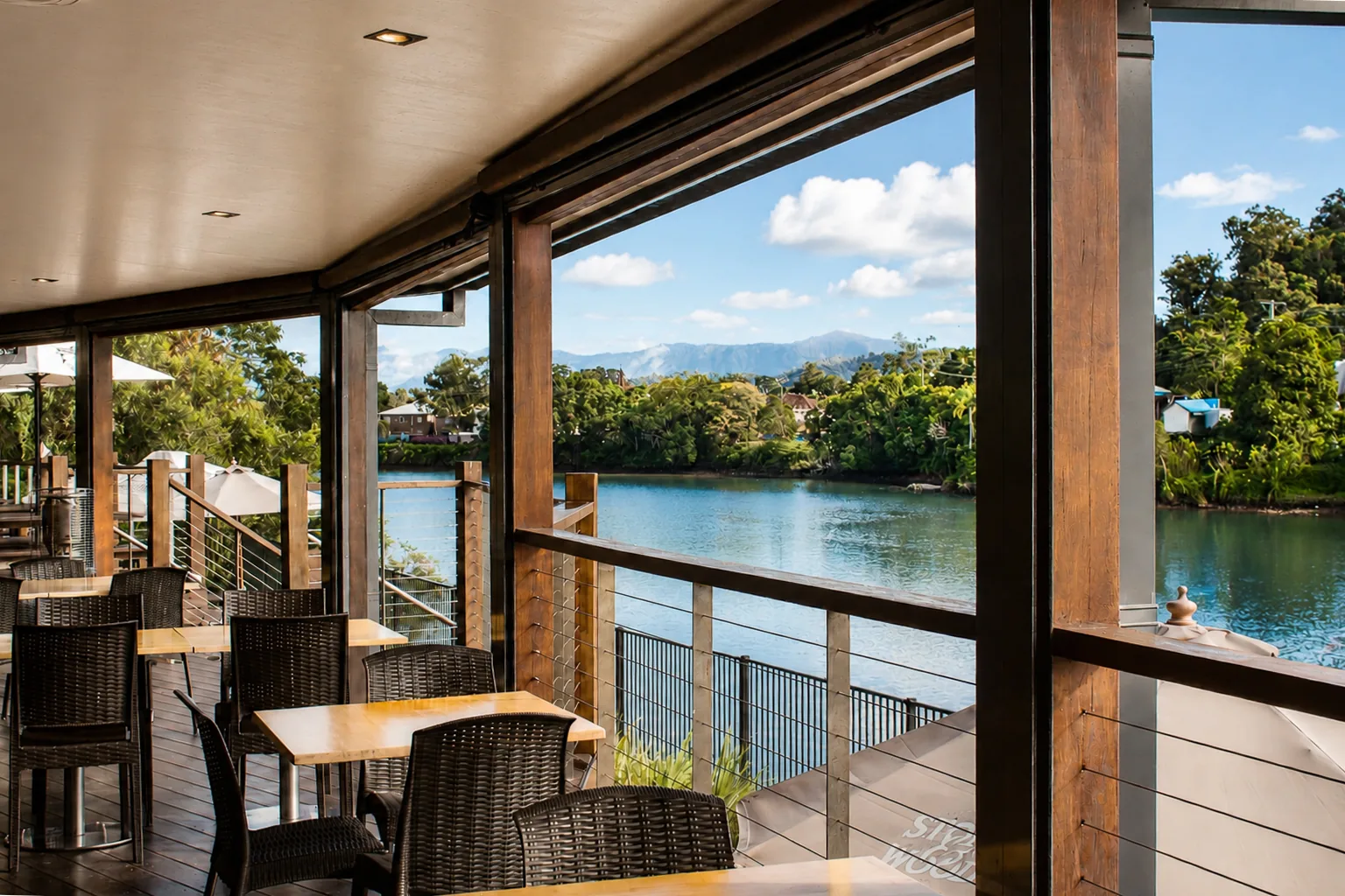 Riverview Hotel deck at sunset